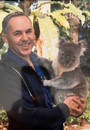 professor wearing a black hoodie, holding a koala standing in front of a forested backdrop